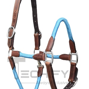 Brown Leather Horse Halter: Sky Blue Nylon Cord, Adjustable Fit