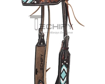Conjunto de cabezada y brida para caballo con cuentas, equipo de equitación western de cuero pintado a mano.