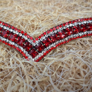 Roter Kristall V-Form Dressurstirnband - Schwarzes oder Braunes Leder