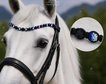 Cabezada de caballo con cuentas de cristal, accesorios ecuestres azules y blancos brillantes