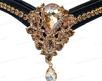 V-Shaped Black Leather Browband: Gold Crystal showstopper browband