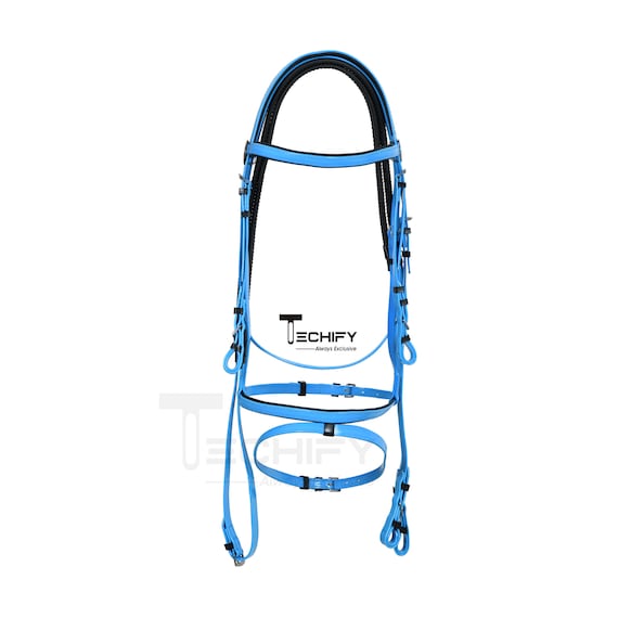 Leather Soft Padded Dressage Bridle With Sky Blue Color Stone & Padding