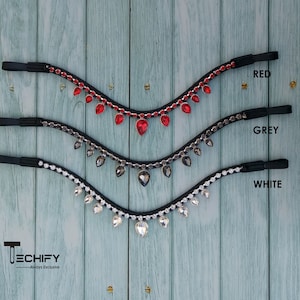 Handcrafted Red, Grey, and Blue Crystal V-Shaped Browband for Dressage Bridle - Full, Cob, XL Sizes bridle - Black/Brown Leather browband