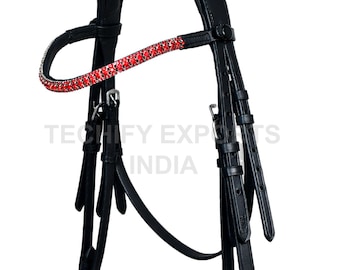 Black Leather Horse Bridle: Red Crystal Browband, Silver Lined Noseband