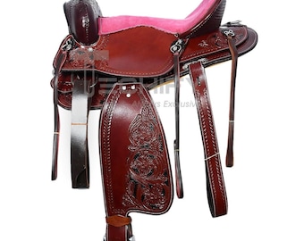 Floral Tooled Leather Western Saddle: Horse Pleasure Barrel Tack Set