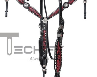 Hand Painted Pink Floral Headstall Breast Collar Set, Tooled Western Leather Horse Tack