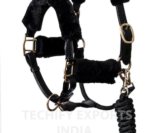 Leather Horse Halter, Removable Fur Padding, Brass Hardware, Nylon Rope, Lead Rope