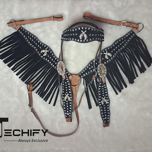 Suede Leather Show Headstall Western Horse Trail Barrel Racing Bridle Fringe Breast Collar Plate Tack Set
