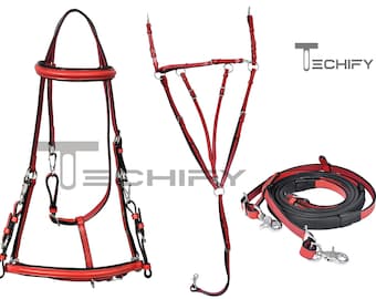 Juego de cabestro y pechera de cuero rojo para caballo, riendas antideslizantes