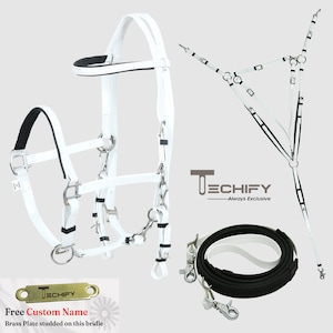 Horse White Endurance Halter Bridle Reins w Breast Plate Set- Equestrian Tack -Free Custom Name Brass Plate on bridle