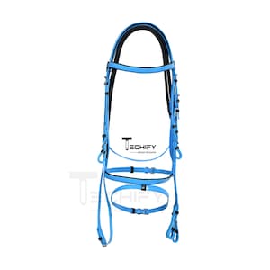 Skyblue Horse Bridle PVC Material for All-Weather Riding, sky blue bridle w black faux leather padding and matching reins with rubber grip