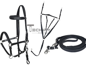 Black PVC Endurance Halter Bridle Reins with Breast Plate - Free Custom Name Plate