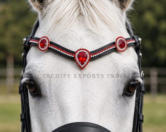 Cabezada de cuero rojo con cristales para caballo, tocado brillante para accesorios ecuestres