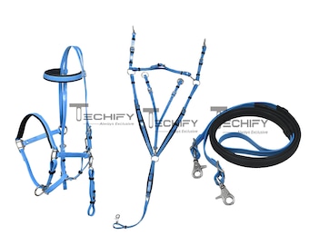 Sky Blue Endurance Halter Bridle Reins Set: PVC Equestrian Tack with Breast Plate