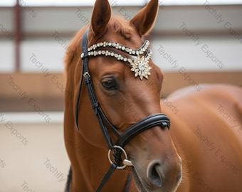 Crystal Dressage Browband with Golden Floral Center, V-Shape Bling Browband for Horse Bridle, Show Jumping Elegance