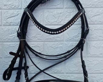 Leather Bitless Horse Bridle: Crystal Browband, Webbing Reins