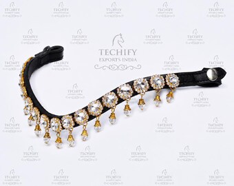 Cabezada de caballo de cristal de lujo con colgante dorado, ideal para doma clásica, regalo elegante y pieza de exhibición para competiciones ecuestres.