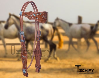 Leaf Tooled Tan Leather Headstall Breastplate Set, Skyblue Suede Western Trail Barrel Tack