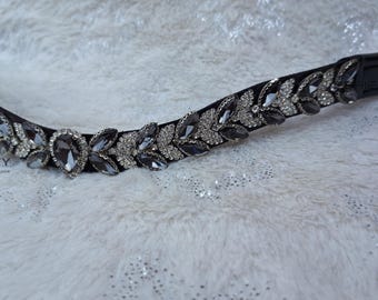 Horse Leather Browband: Grey Crystal Leaf Design