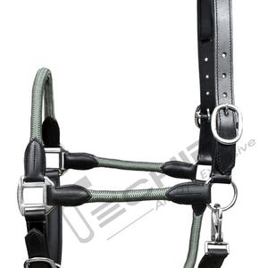 Black Leather Horse Halter: Green Nylon Cord, Adjustable Fit