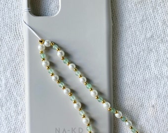 Beaded Phone Charm Aventurine and Pearl Natural Healing Crystal Gemstone Green Phone Strap Cute Y2K Pastel Beaded Accessories Gift for Her