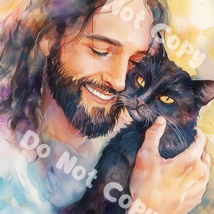 イエスと黒猫の水彩画 - キリスト教アート、ペットロスのお悔やみギフト、宗教的な室内装飾、スピリチュアルな猫好き向けデジタルプリント