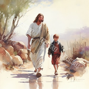 Watercolor Painting of Jesus Christ and Red-Haired Boy, LDS Baptism Art