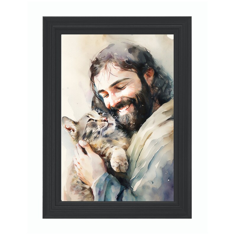 Jesus and Cat Watercolor Christian Art, Pet Loss Sympathy Gift