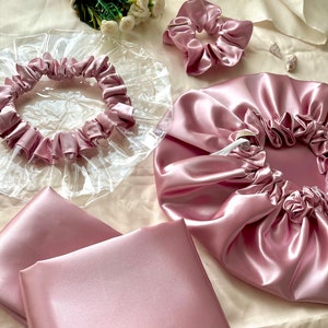 Satin Hair Care Set – Bonnet, 2 Satin Pillowcases, Scrunchie & Shower Cap | Anti-Frizz Kit for Curly Hair