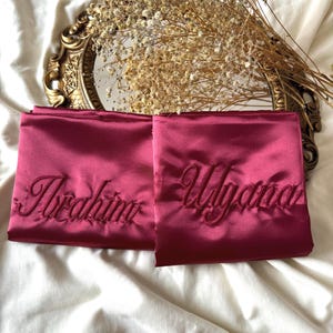 Pink satin pillowcase with embroidered name, personalized satin pillowcase gift idea