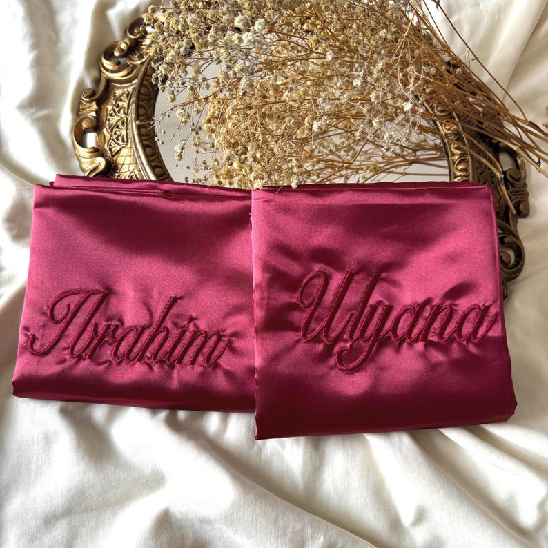 Pink satin pillowcase with embroidered name, personalized satin pillowcase gift idea