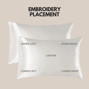 Pode incluir: Duas fronhas de cetim branco s&atilde;o exibidas, uma ligeiramente atr&aacute;s da outra. O texto acima diz "EMBROIDERY PLACEMENT". A fronha da frente tem texto indicando os locais de bordado: "UPPER LEFT", "UPPER RIGHT", "CENTER", "LOWER LEFT" e "LOWER RIGHT".