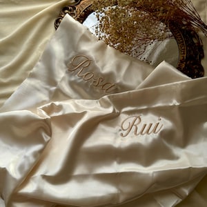 Champagne satin pillowcase with custom embroidered name, personalized satin pillowcase for hair and skin