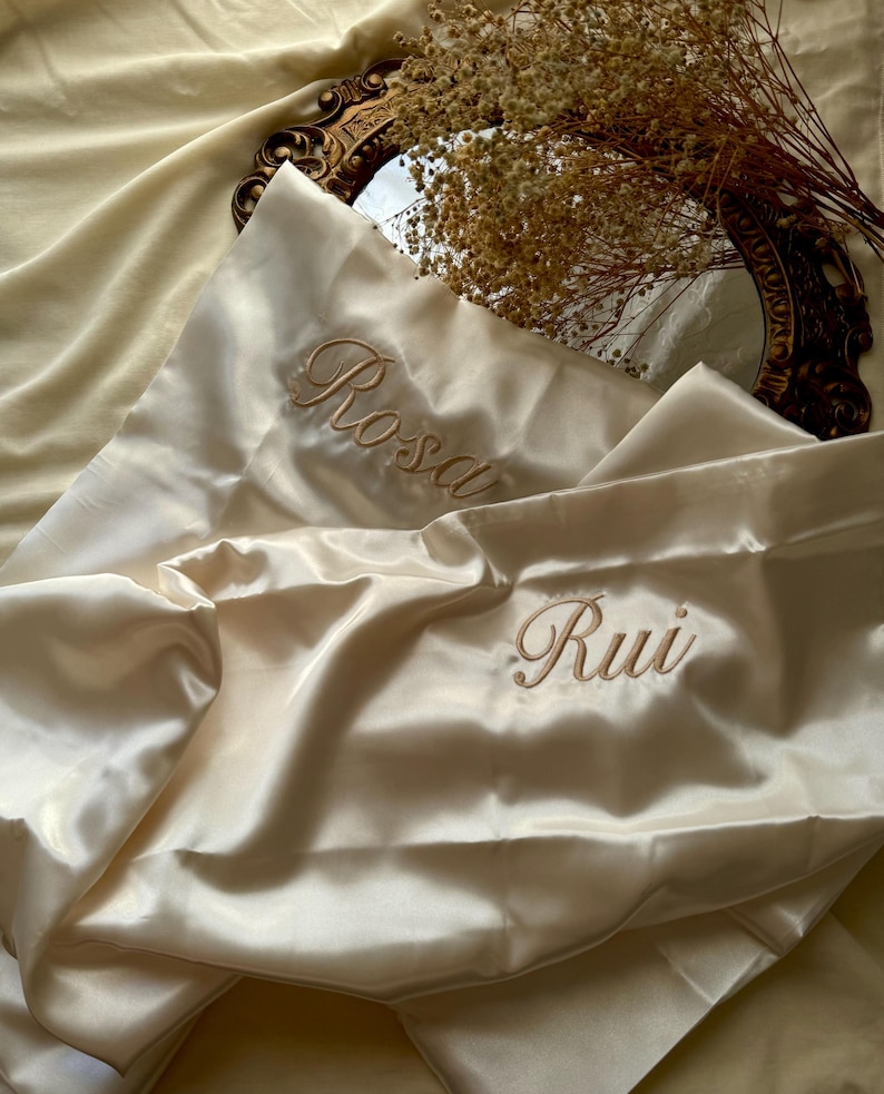 Champagne satin pillowcase with custom embroidered name, personalized satin pillowcase for hair and skin