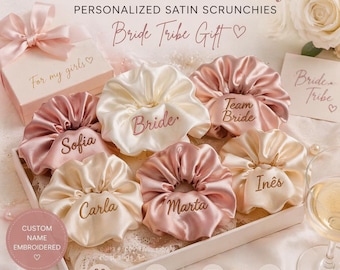 Personalized Satin Scrunchie, Custom Name Hair Tie, Gift for Her, Bridesmaid Gift, Embroidered Hair Accessory