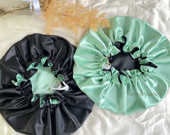 Black and Green Mint Reversible Satin Hair bonnet | Satin Elasticated, Sleep Hat Bonnet, Headscarf. Night Sleep, Protecting Hairstyle