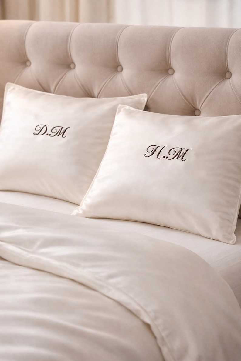 Set of personalized satin pillowcases with embroidered initials, luxury satin bedding for hair protection