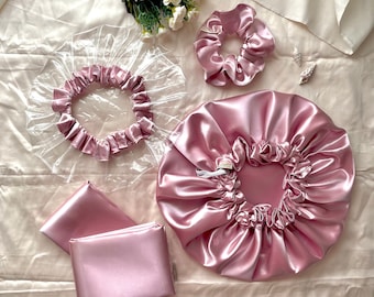 Satin Hair Care Set |  Satin bonnet |  Satin pillowcases |  Scrunchie |  plastic cap