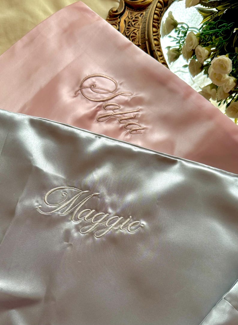 Blush pink satin pillowcase with embroidered name, custom satin pillowcase for beauty