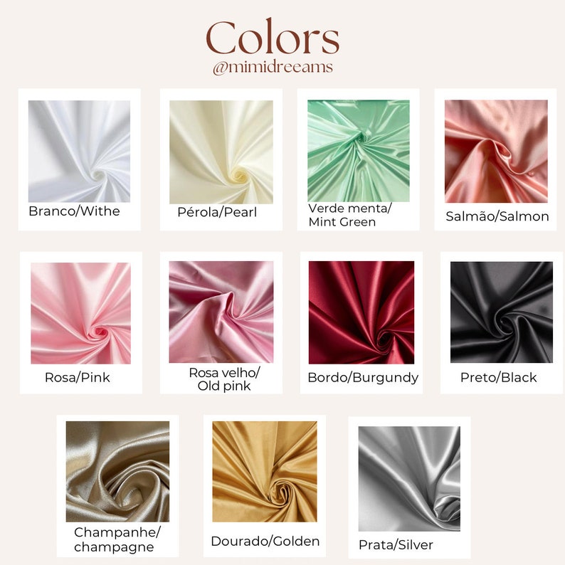 Pode incluir: Um gr&aacute;fico de cores com amostras de tecido de cetim em v&aacute;rias cores. As cores incluem branco, p&eacute;rola, verde menta, salm&atilde;o, rosa, rosa velho, bord&ocirc;, preto, champanhe, dourado e prata. O texto "Cores" e um identificador de m&iacute;dia social est&atilde;o no topo.