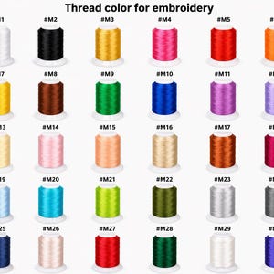 Pode incluir: Um gr&aacute;fico de cores de fios de bordar com bobinas numeradas. Os fios s&atilde;o de v&aacute;rias cores, incluindo branco, preto, amarelo, rosa, vermelho, laranja, castanho, verde, azul, roxo, bege e prata. O texto "Thread color for embroidery" est&aacute; no topo.