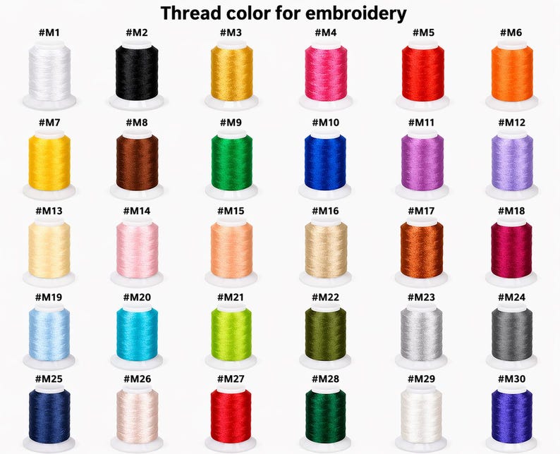 Pode incluir: Um gr&aacute;fico de cores de fios de bordar com bobinas numeradas. Os fios s&atilde;o de v&aacute;rias cores, incluindo branco, preto, amarelo, rosa, vermelho, laranja, castanho, verde, azul, roxo, bege e prata. O texto "Thread color for embroidery" est&aacute; no topo.