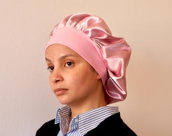 Gorro de dormir de satén hecho a mano de 36 cm con banda de licra, gorro de dormir antifrizz para cabello rizado, encrespado y liso, regalo perfecto.