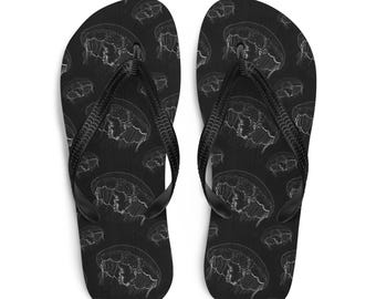 Jellyfish Art Black Flip-Flops: Summer Beach Slippers