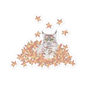 Bobcat in Fall Leaves Bubble-Free Stickers, Bobcat Sticker Decal, Bobcat Car Window Sticker, Decal Bobcat Laptop, High-Quality Vinyl Sticker