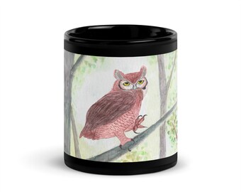 Owl in a Forest Black Glossy Mug - gift for birder or nature lover, microwave and dishwasher safe ceramic cup