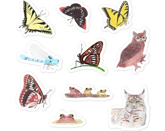 Sammy's Quest Bubble-free stickers - Sheet of 10 cute designs, butterflies, frogs, damselfly, bobcat, owl