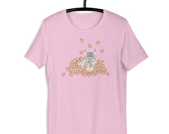 Bobcat in Fall Leaves Unisex t-shirt - a fun addition to your autumn wardrobe - mustard, blue, gold, orchid, lilac, brown, orange