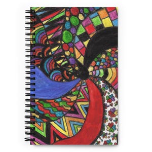 May include: A colorful spiral design with geometric shapes, circles, and a black line in the center. The design is made up of various colors, including red, blue, green, yellow, and purple.