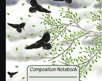 Composition Notebook: College Ruled with Ravens and Crows Soaring in a Storm Illustration - in stock and ready to ship now